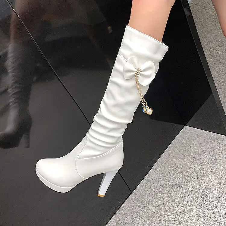 Women's Bow Tie Tassel Side Zippers Block Chunky Heel Platform Knee High Boots