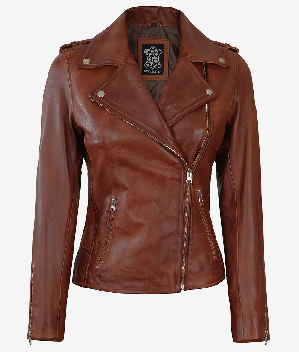 Womens Distressed Asymmetrical Cognac Moto Leather Jacket