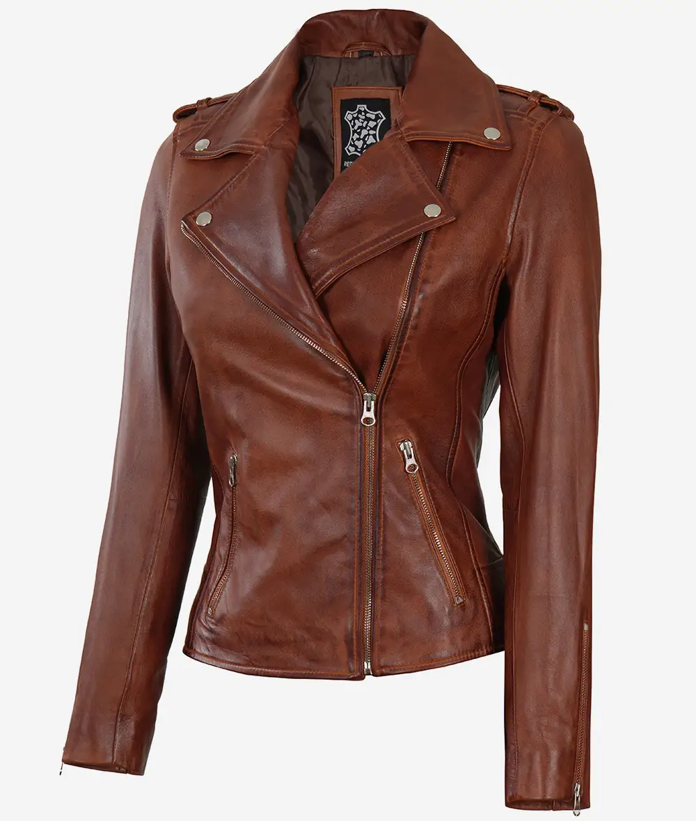 Womens Distressed Asymmetrical Cognac Moto Leather Jacket