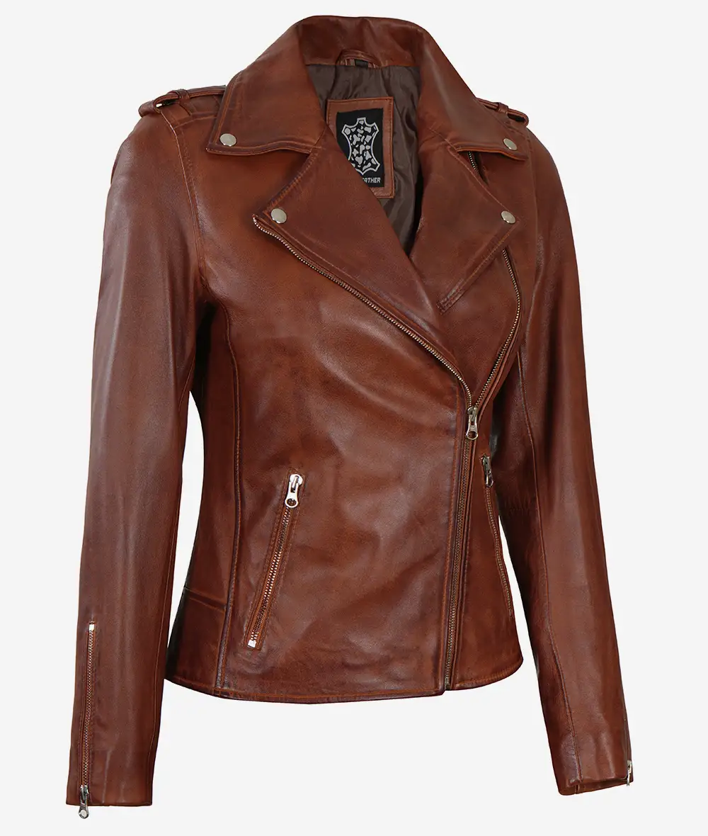 Womens Distressed Asymmetrical Cognac Moto Leather Jacket