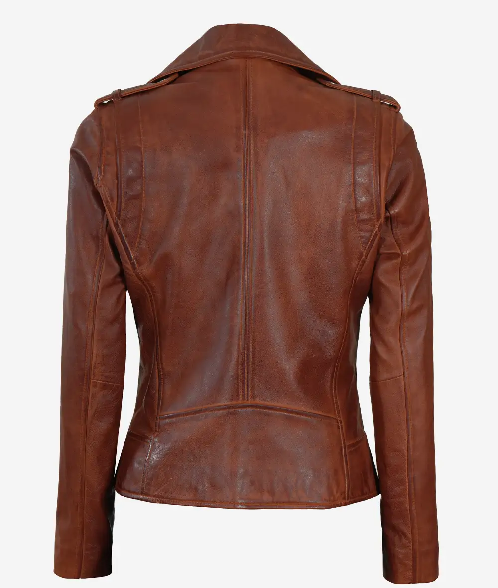 Womens Distressed Asymmetrical Cognac Moto Leather Jacket