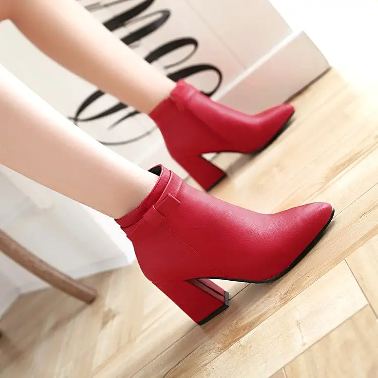 Women's Pu Leather Pointed Toe Bow Tie Side Zippers Block Chunky Heel Short Boots