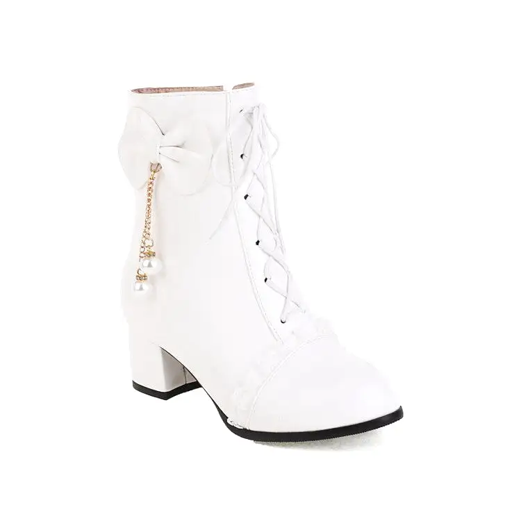 Women's Pu Leather Round Toe Lace Lace-Up Pearls Bow Tie Side Zippers Block Chunky Heel Short Boots