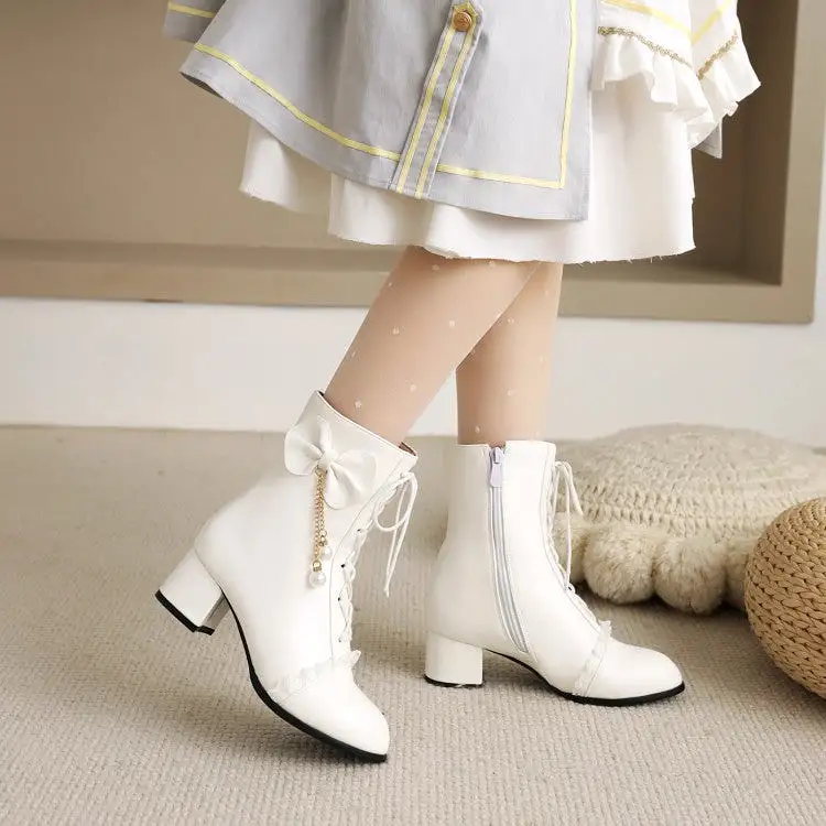 Women's Pu Leather Round Toe Lace Lace-Up Pearls Bow Tie Side Zippers Block Chunky Heel Short Boots