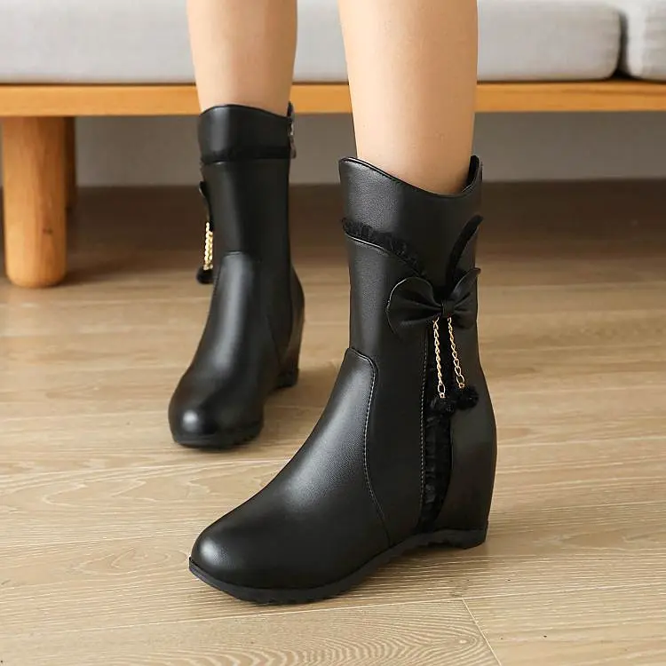 Women's Pu Leather Round Toe Side Zippers Bow Tie Pearls Inside Heighten Ankle Boots