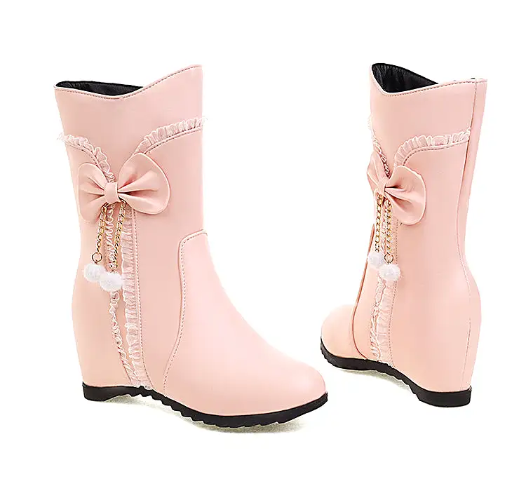 Women's Pu Leather Round Toe Side Zippers Bow Tie Pearls Inside Heighten Mid-Calf Boots