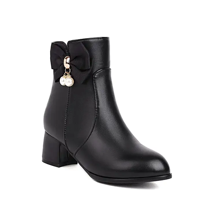 Women's Pu Leather Side Zippers Bow Tie Pearls Block Heel Short Boots