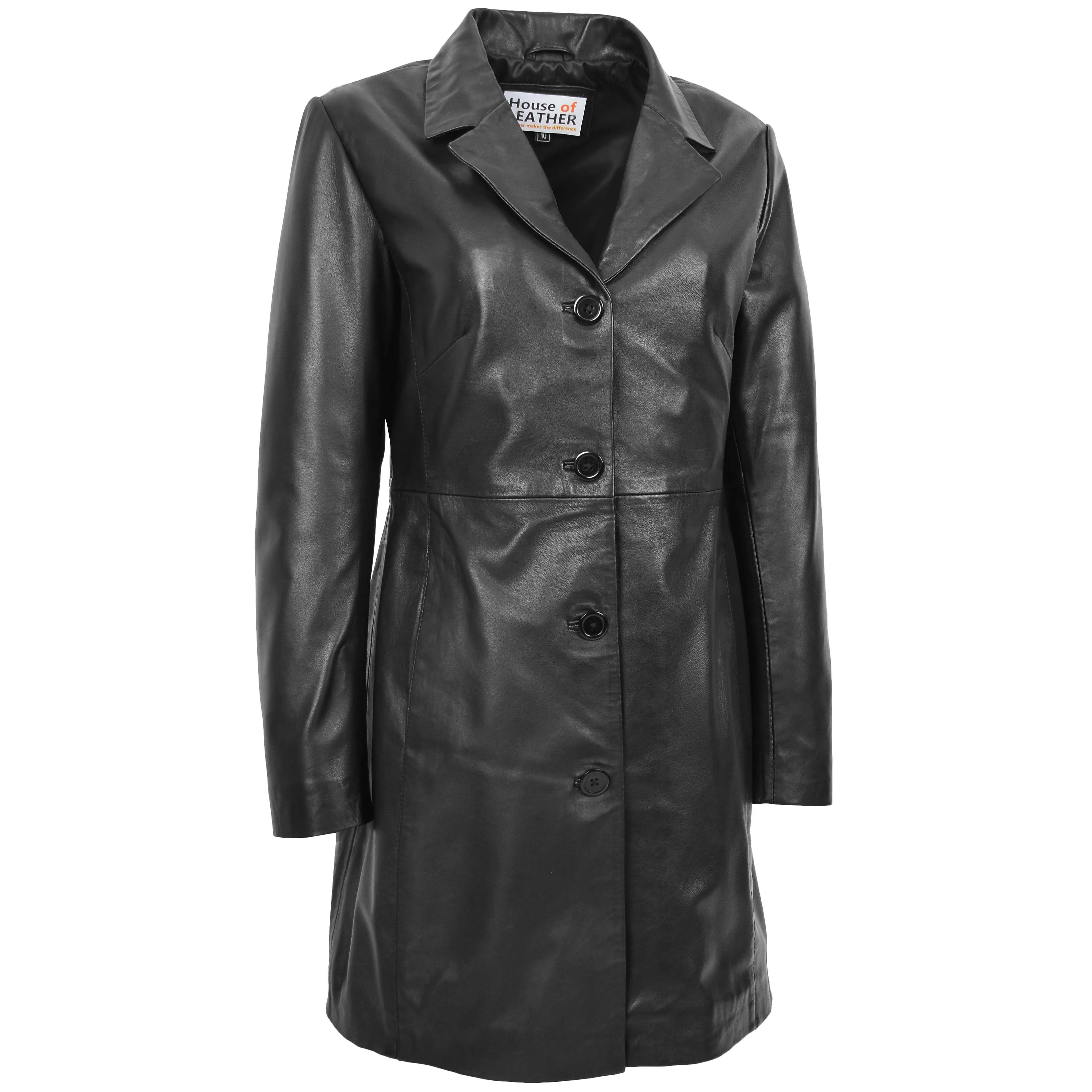 Womens Real Leather Mac Coat 3/4 Length Classic Style F99 Black