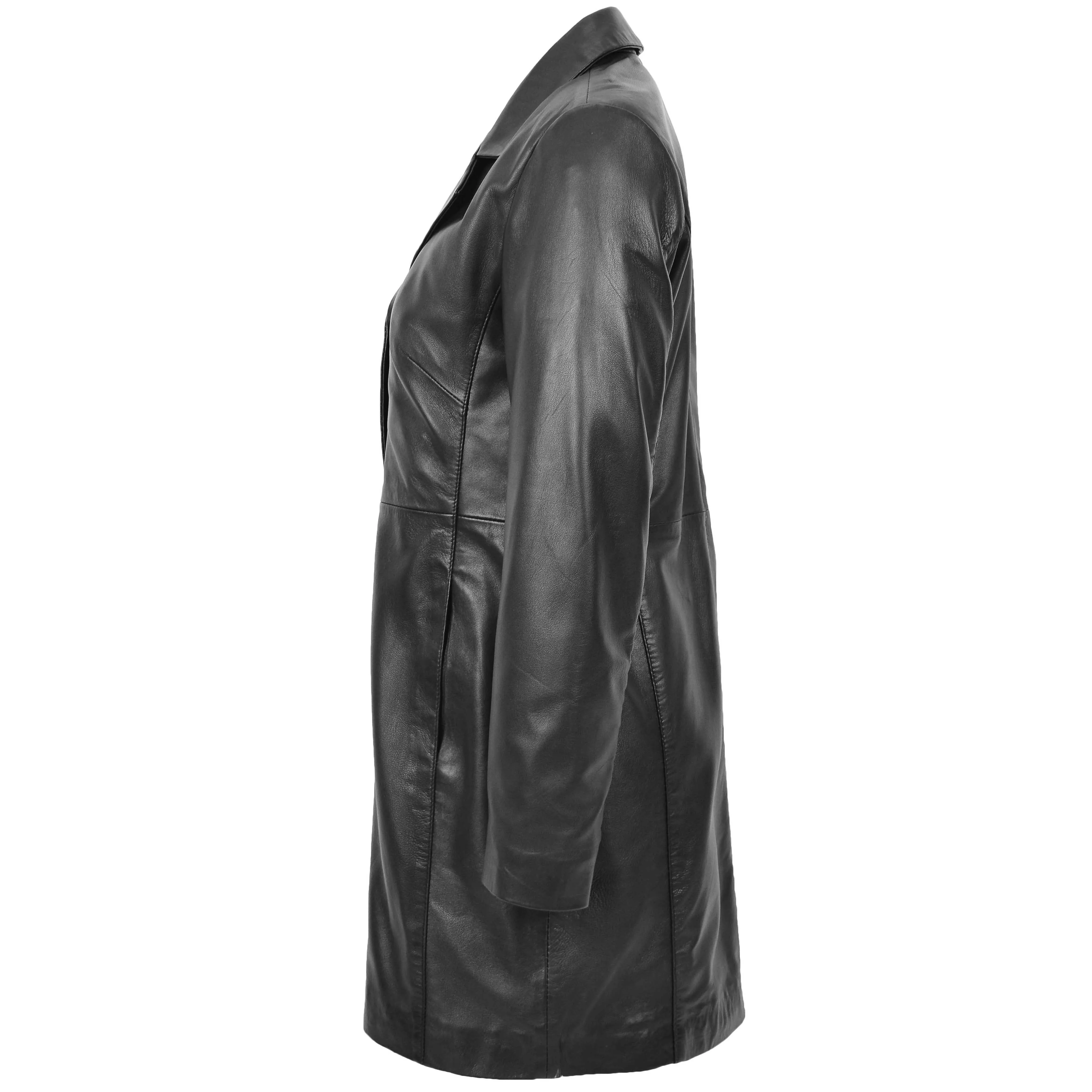 Womens Real Leather Mac Coat 3/4 Length Classic Style F99 Black