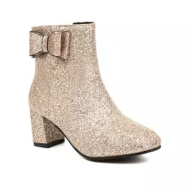 Women's Sparkling Sequins Round Toe Bow Tie Side Zippers Block Chunky Heel Short Boots