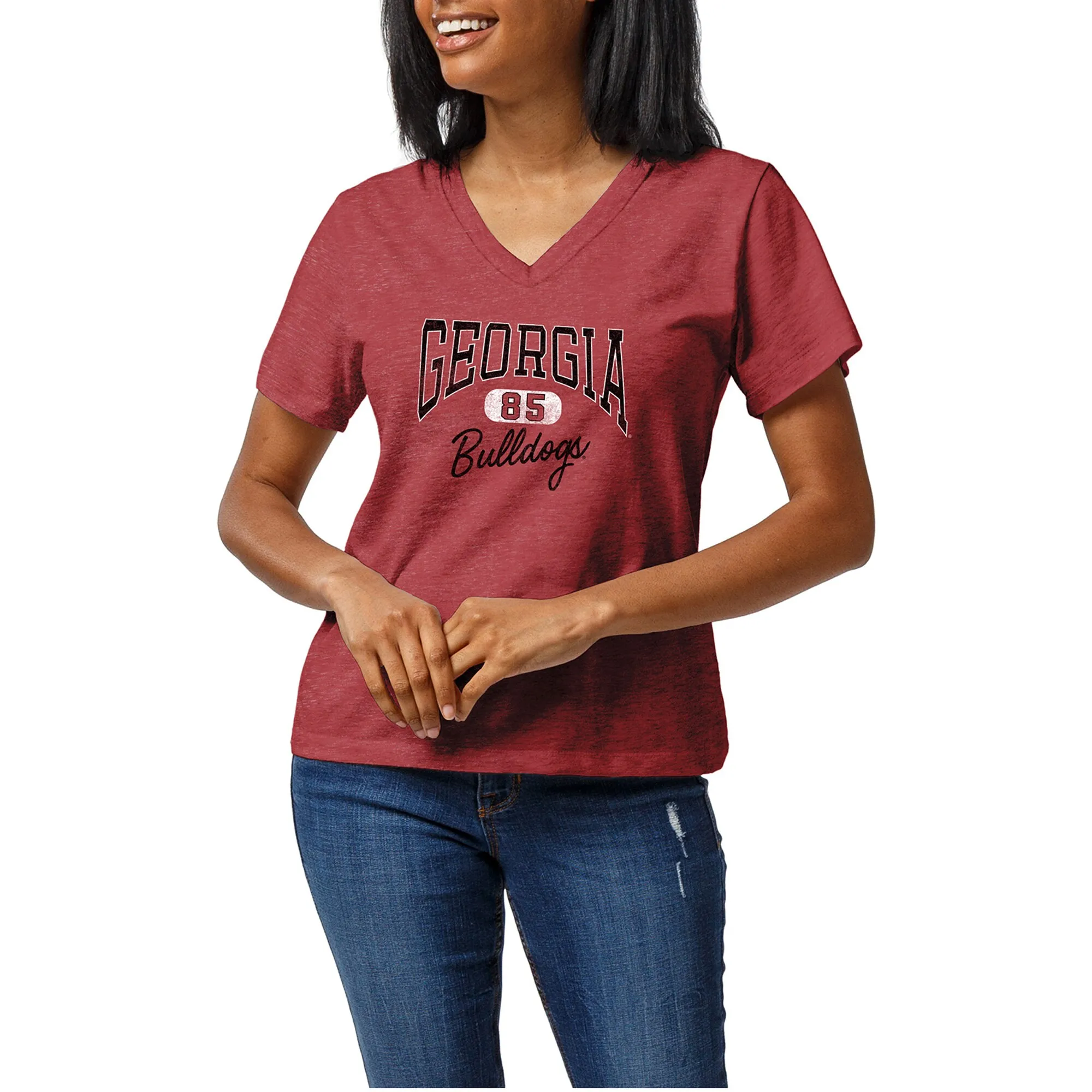 Women's Heather Red Georgia Bulldogs Intramural Tri-Blend Boyfriend V-Neck T-Shirt