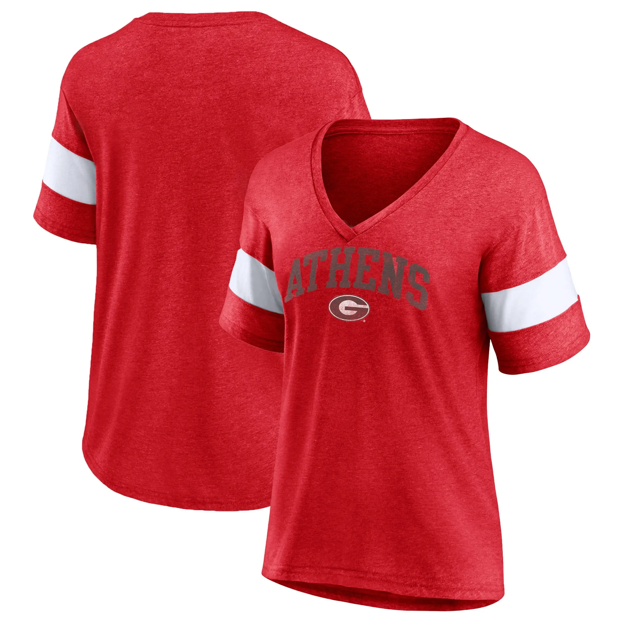 Women's Profile Heather Red Georgia Bulldogs Plus Size Arched City Sleeve Stripe V-Neck T-Shirt