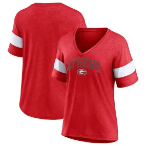 Women's Profile Heather Red Georgia Bulldogs Plus Size Arched City Sleeve Stripe V-Neck T-Shirt