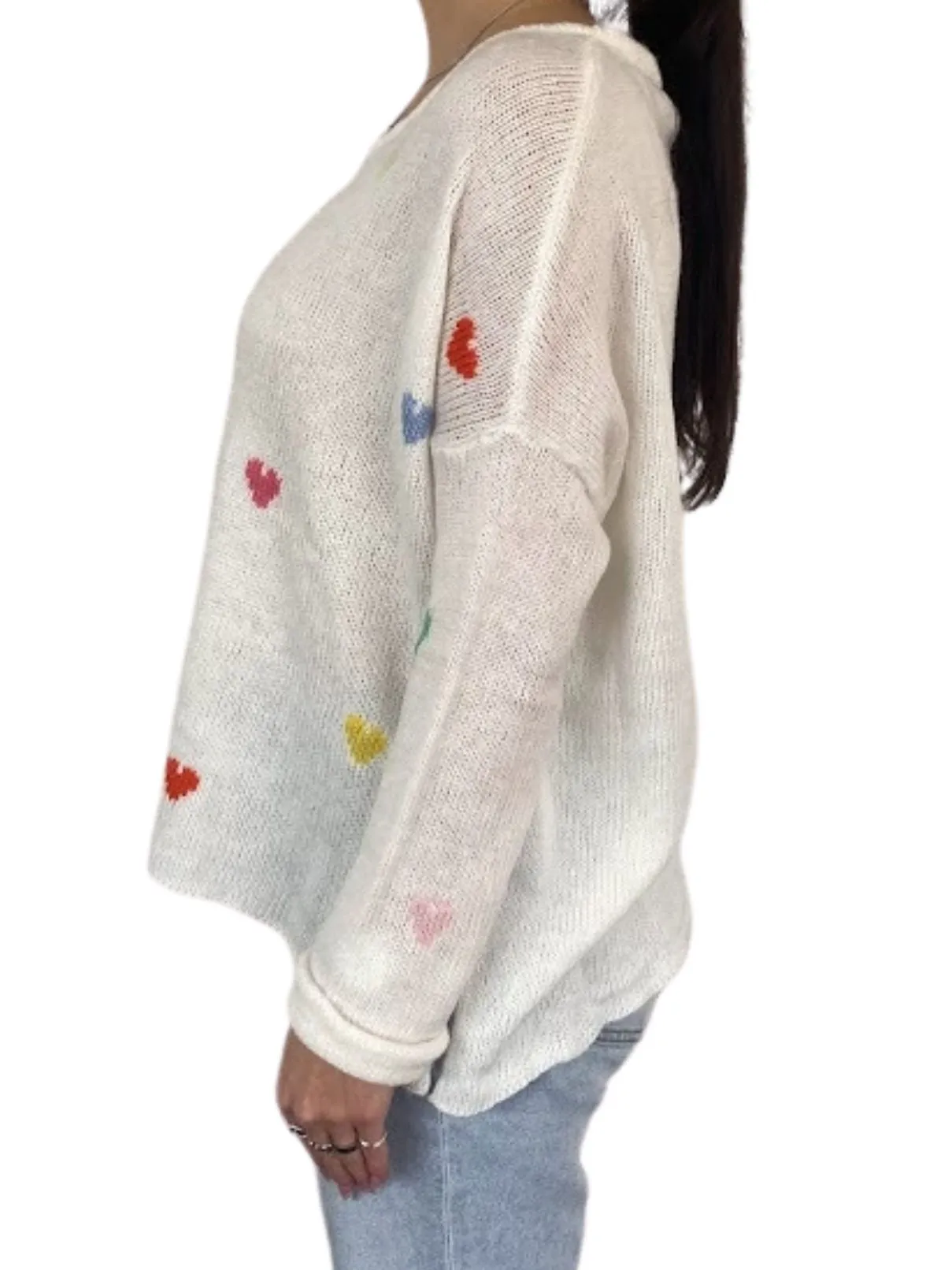 Wooden Ships Rainbow Hearts Crew in Lightweight Pure Snow/Multi