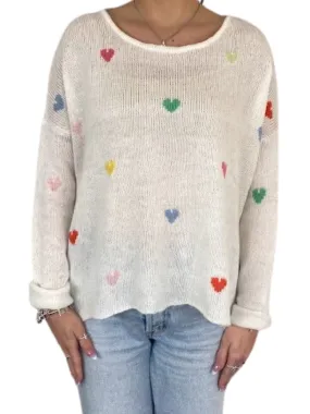 Wooden Ships Rainbow Hearts Crew in Lightweight Pure Snow/Multi